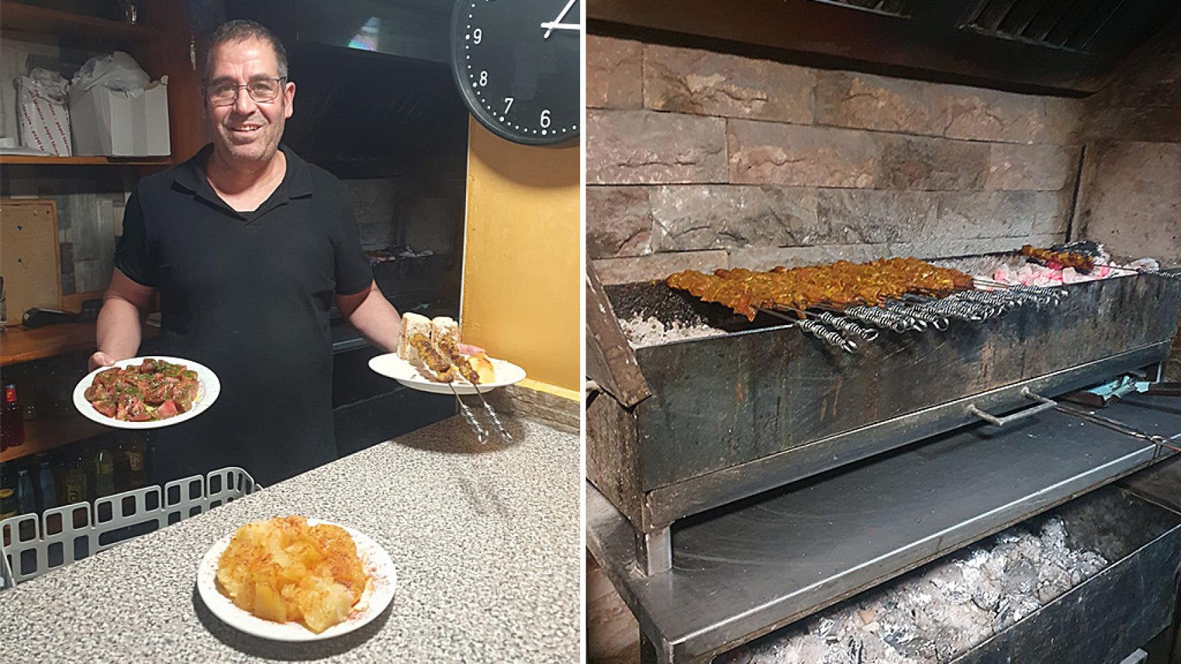 Abdelhakim con sus productos y los pinchos a la brasa