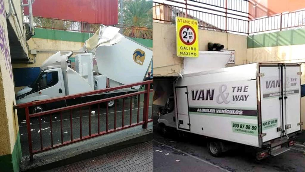 Dos camiones varados en el puente 'tragacamiones'.