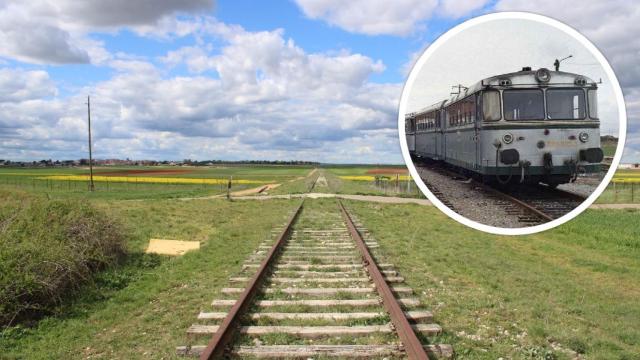 Imagen de una antigua vía férrea de la Ruta de la Plata y de un antiguo tren que recorría el histórico trayecto, en un montaje de EL ESPAÑOL.
