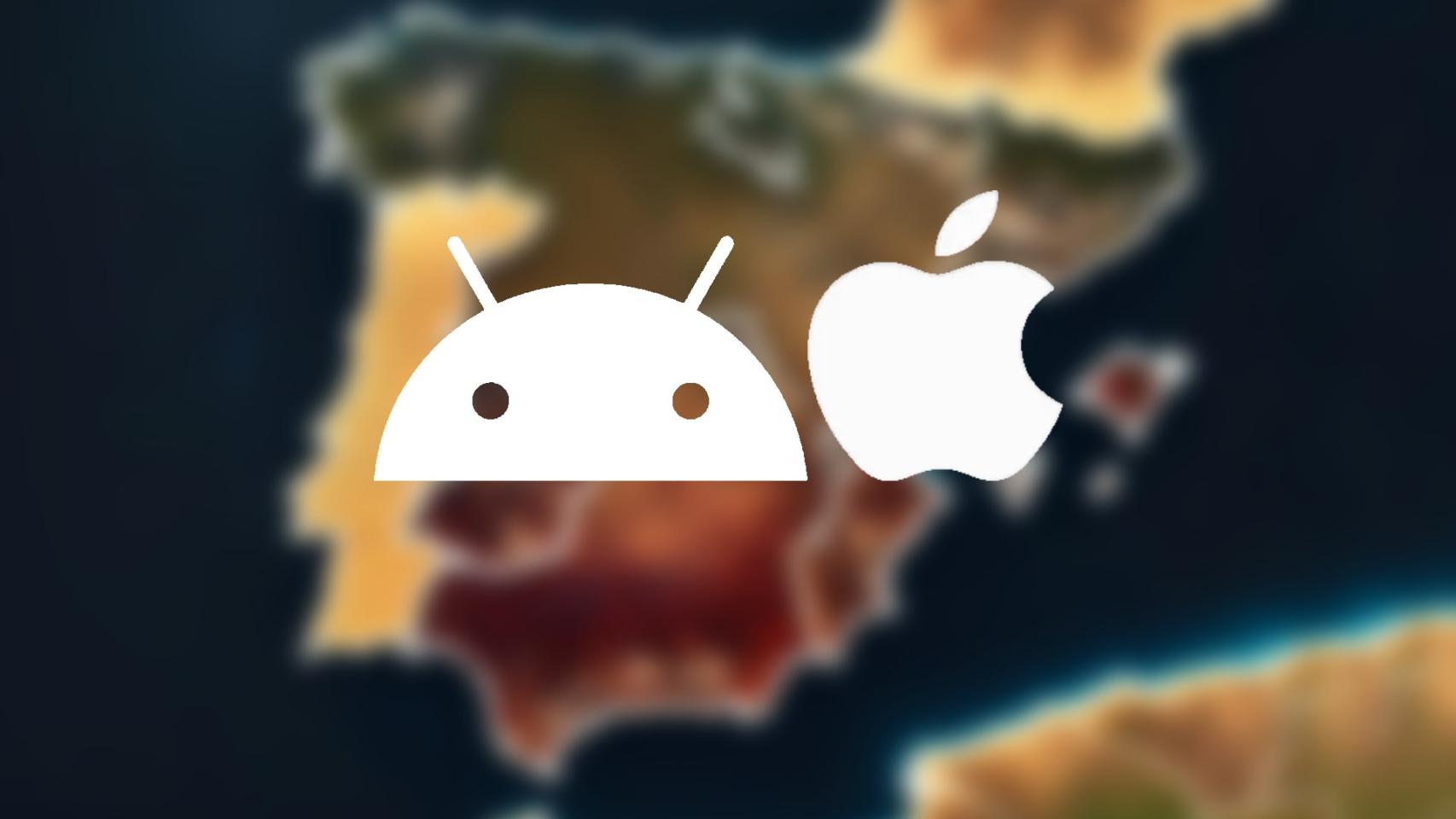 Logotipo de Apple y de Android sobre mapa de España