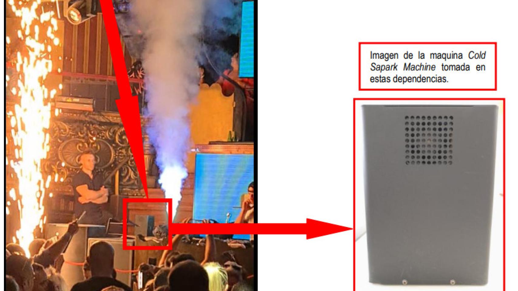 La Policía Judicial analizando el funcionamiento de la máquina de fuego frío que se utilizó en la Discoteca Teatre.