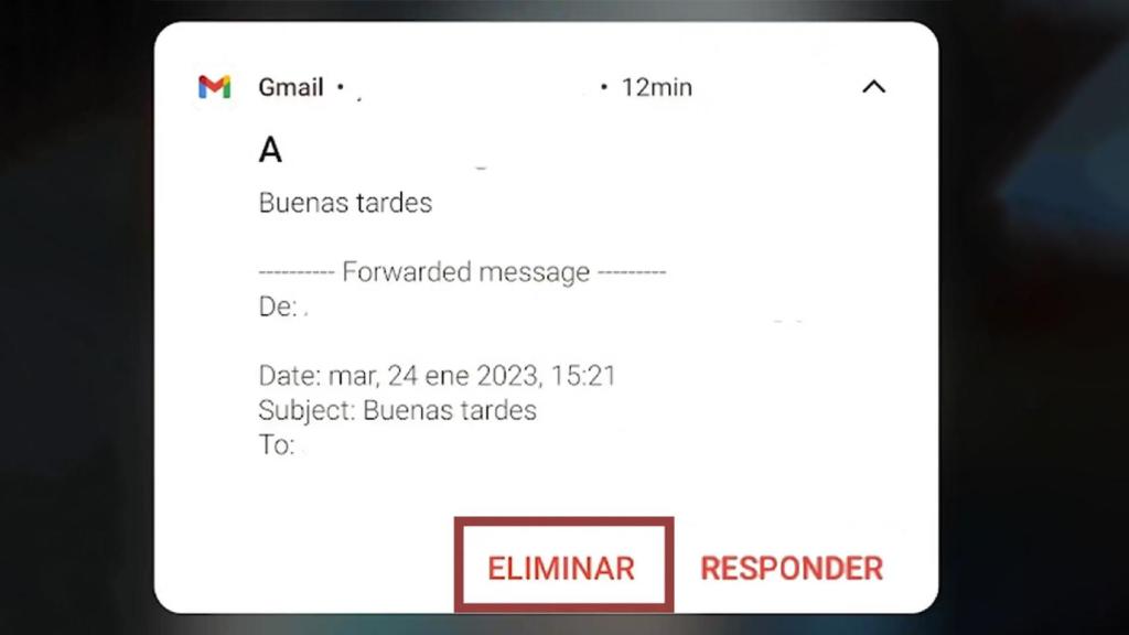 Botón para eliminar correo desde la notificación