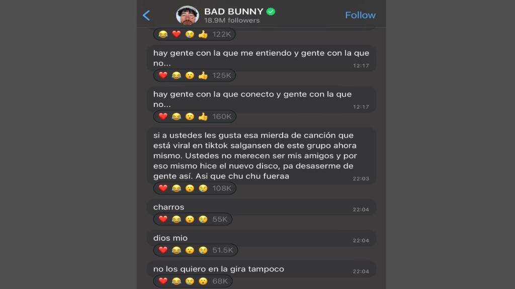 Captura del canal de WhatsApp de Bad Bunny.