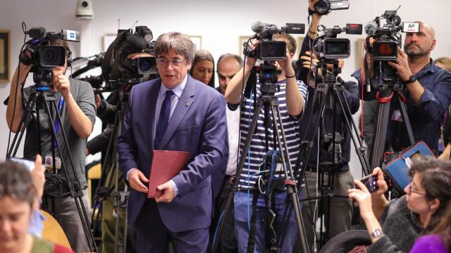 Carles Puigdemont, expresidente de la Generalitat huido de la Justicia, antes de su rueda de prensa, este jueves en Bruselas.