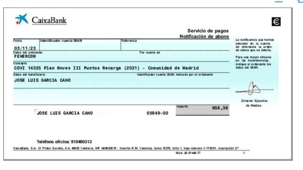 Ingreso de la subvención del Plan Moves 3.