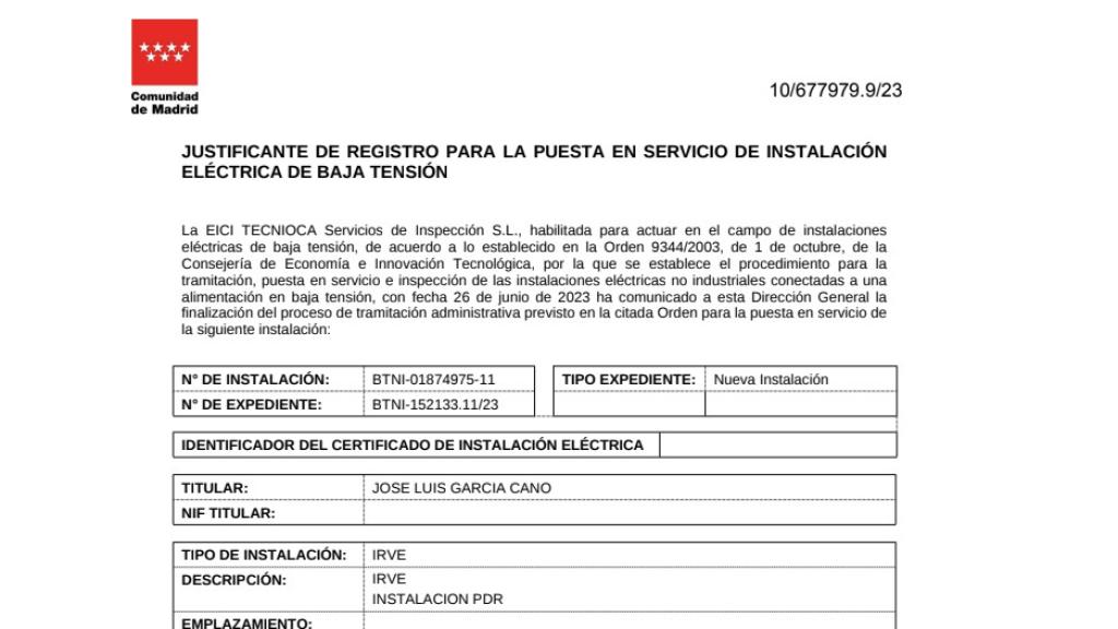 Boletín de la instalación.