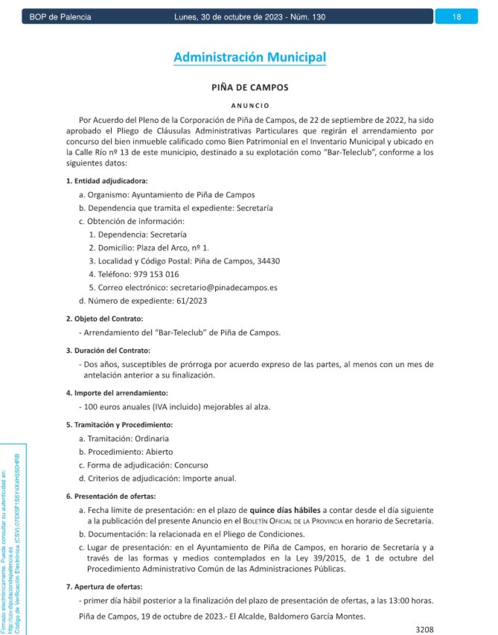 Publicación en el BOP del anuncio para arrendar el bar de Piña de Campos