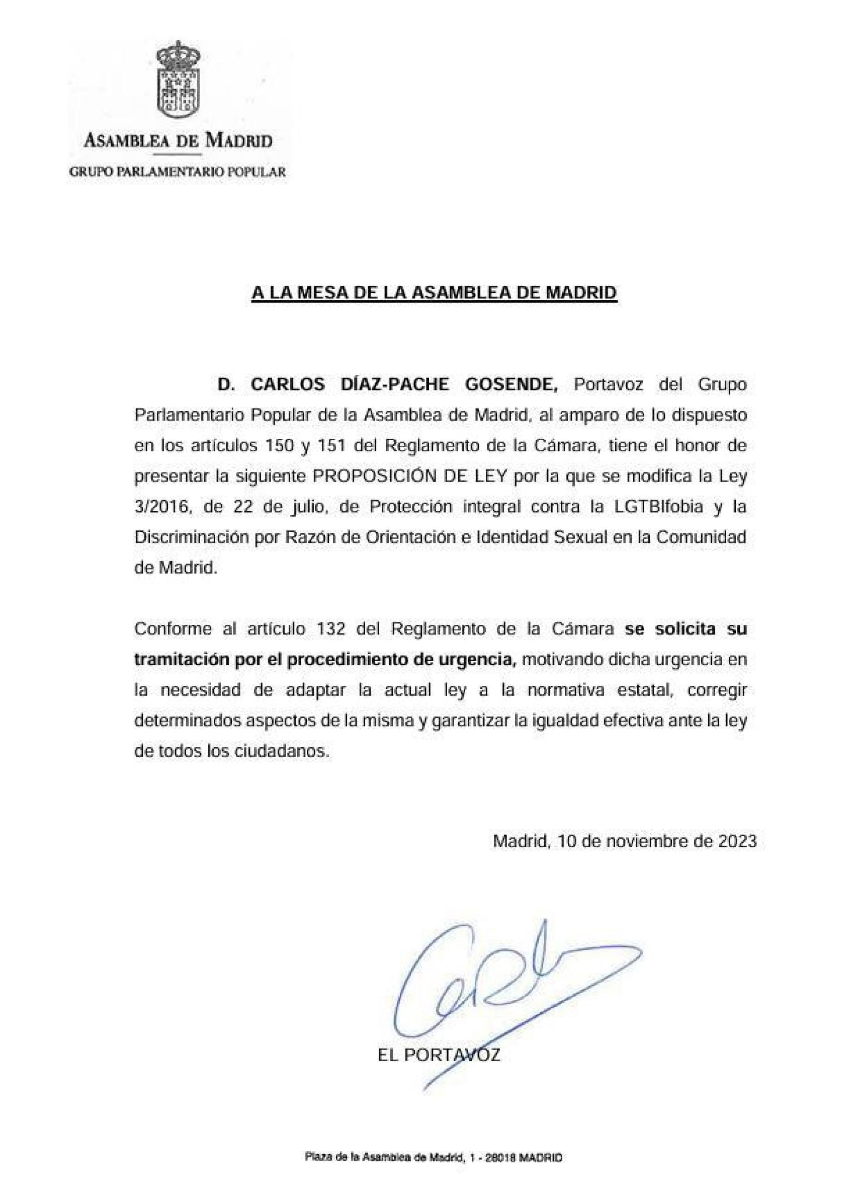 La proposición de ley registrada este viernes por el Grupo Popular en la Asamblea de Madrid.