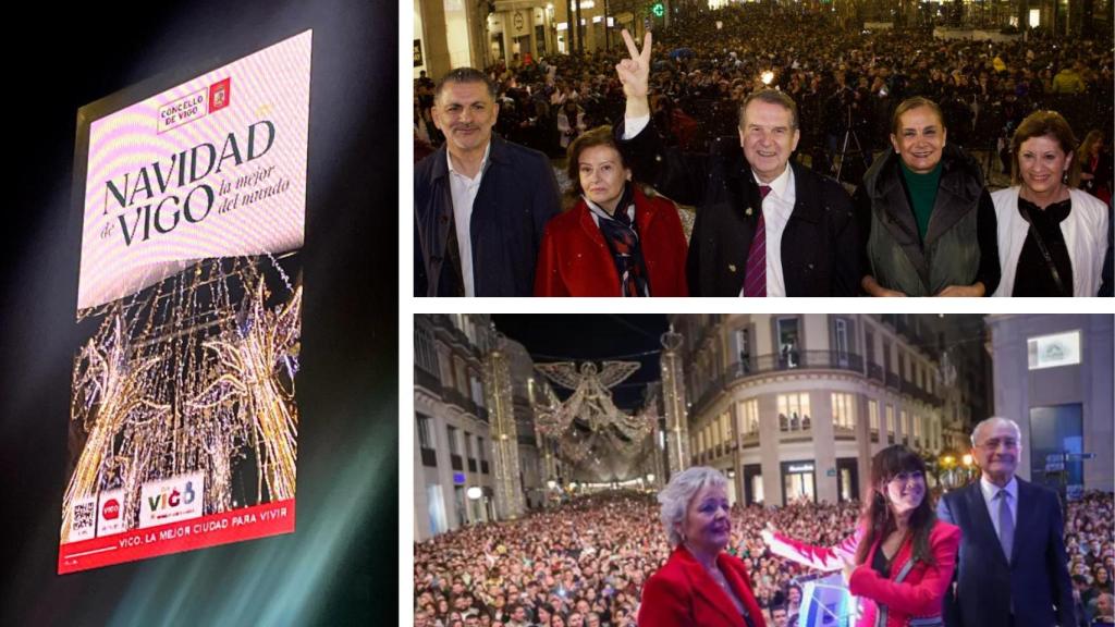 Los carteles colocados en Málaga, el alcalde de Vigo en una inauguración y el alcalde de Málaga junto a Vanesa Martín y Teresa Porras el año pasado.