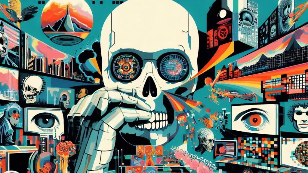 Un mundo gobernado por inteligencias artificiales al estilo de la portada del álbum Amused to death de Roger Waters.