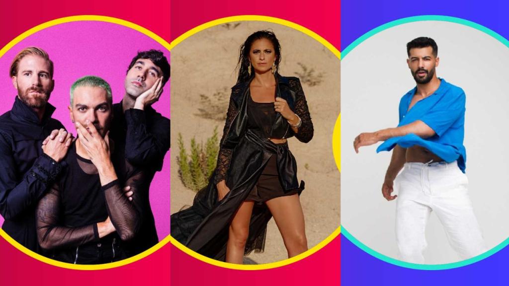 Miss Caffeina, María Peláe y Jorge González en las promos del Benidorm Fest 2024.