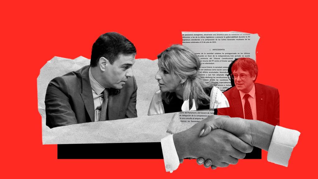 Pedro Sánchez y Yolanda Díaz, con Puigdemont al fondo