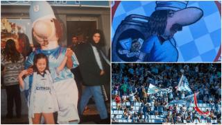 En la imagen, Celestino con una pequeña aficionada en los 90; una pegatina de la mascota del colectivo Celta birras y la afición celeste.