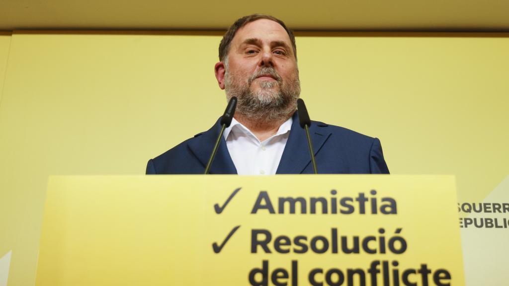 Junqueras, durante su rueda de prensa en Barcelona.