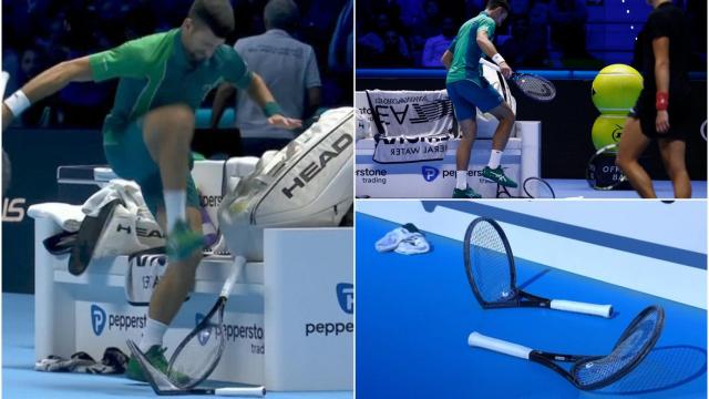 Djokovic rompe varias raquetas durante su partido contra Holger Rune en las ATP Finals.