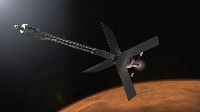 Ilustración de un hábitat de tránsito en Marte con un propulsor nuclear