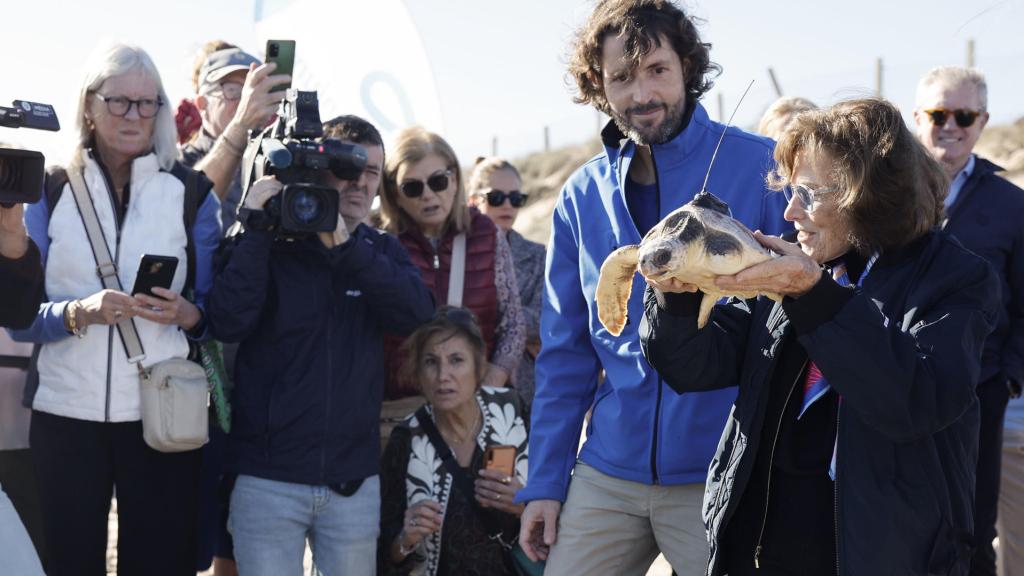 La la doctora Sylvia Earle (d), durante la suelta de una tortuga este lunes en la playa del Parador de El Saler.