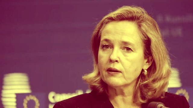 La vicepresidenta Nadia Calviño durante una rueda de prensa posterior al Ecofin.