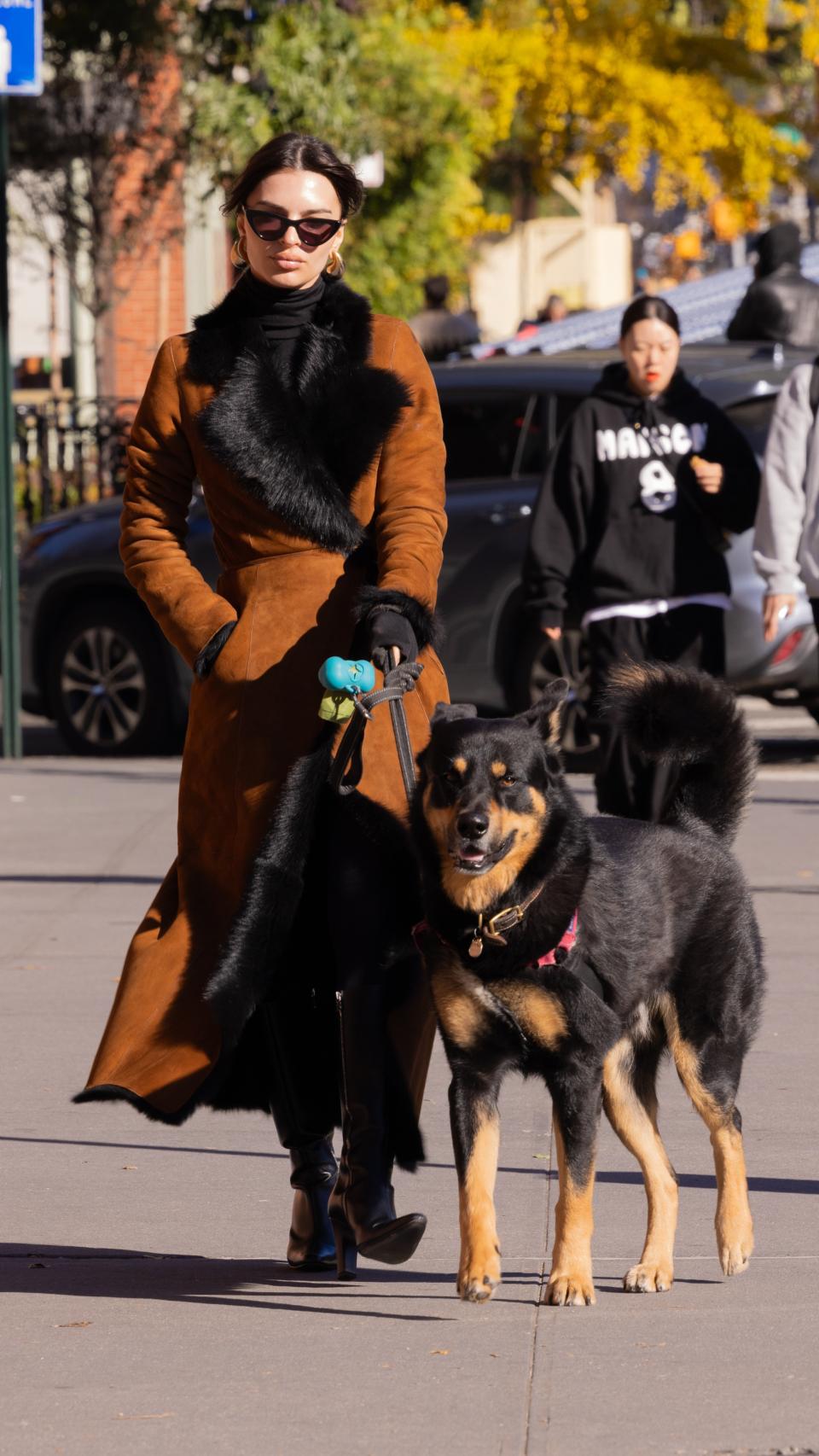 Emily Ratajkowski junto a su perro Colombo por las calles de Nueva York.