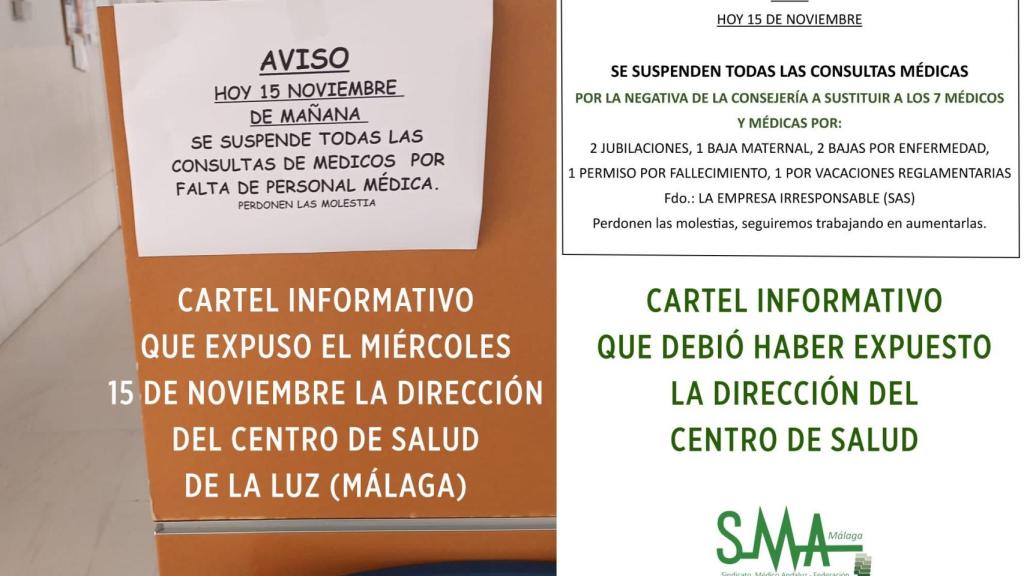 Imagen del cartel que se puede ver en el Centro de Salud de La Luz con mensajes del sindicato médico.