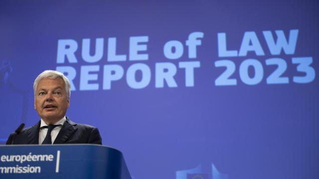 El comisario de Justicia, Didier Reynders, durante la presentación del último informe sobre el Estado de derecho en la UE