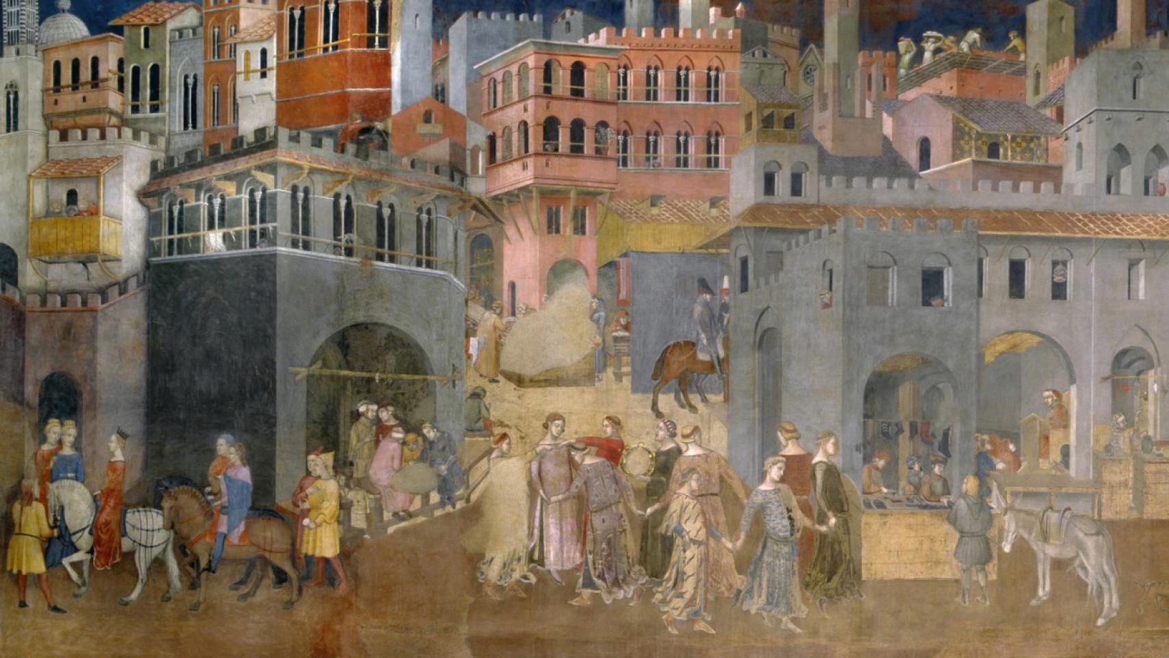 Consecuencias del buen gobierno en la ciudad italiana de Siena, un fresco del siglo XIV de Ambrogio Lorenzetti.