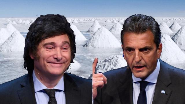 Los dos candidatos en segunda vuelta a las elecciones argentinas del 19 de noviembre de 2023: El conservador Sergio Massa y el outsider Javier Milei, con un fondo de litio.