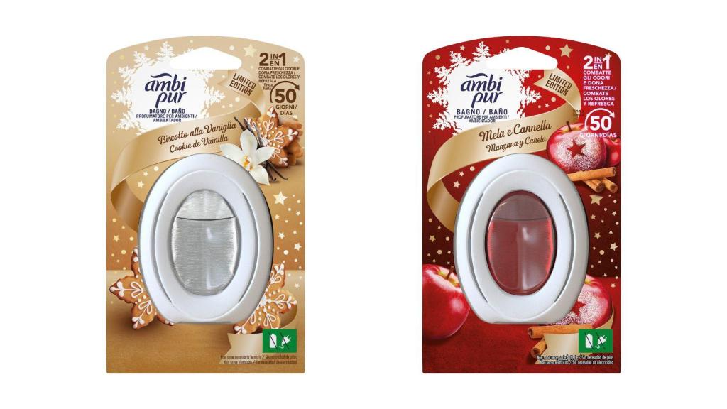 Línea de Ambipur Baño en aroma 'cookie de vainilla' y 'manzana y canela'.