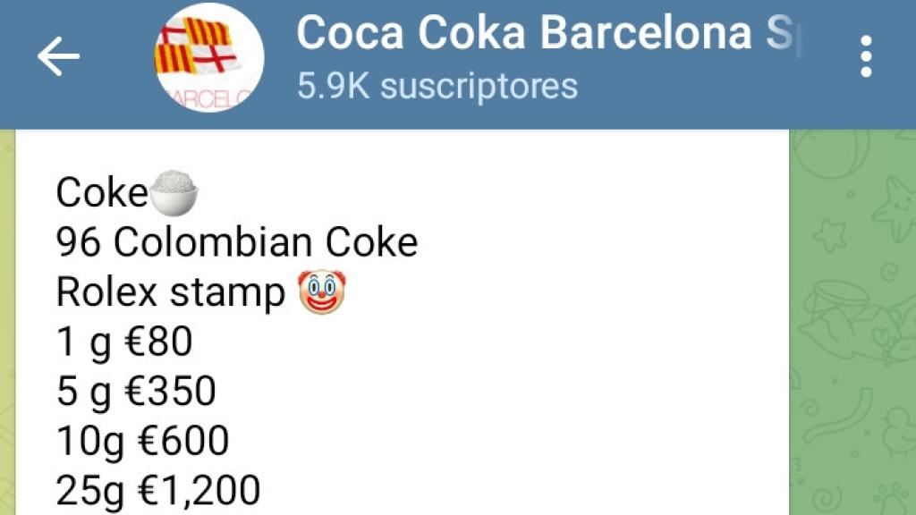 Uno de los canales de venta de droga en Telegram.