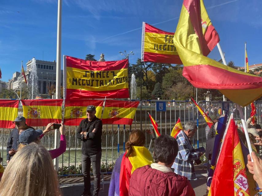 Banderas y pancartas colgadas en las vallas de la fuente de la diosa Cibeles.
