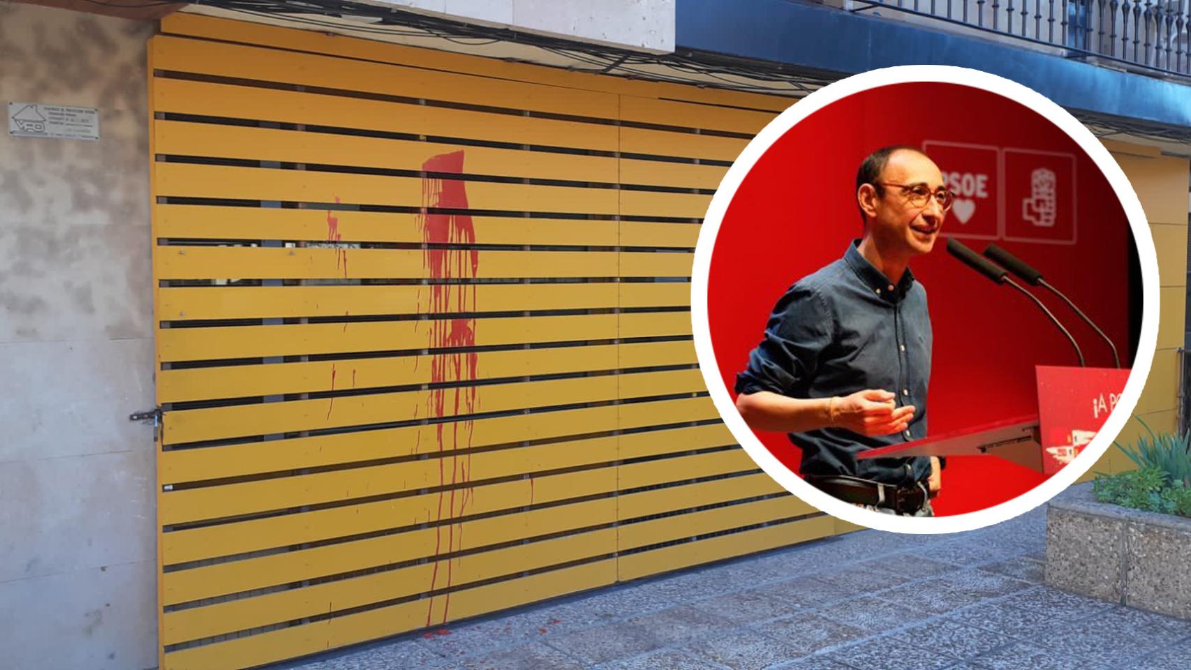 Estado en el que ha quedado la puerta del PSOE de Salamanca y, en el círculo, David Serrada