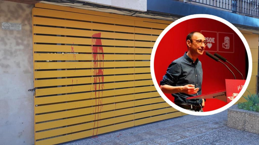 Estado en el que ha quedado la puerta del PSOE de Salamanca y, en el círculo, David Serrada