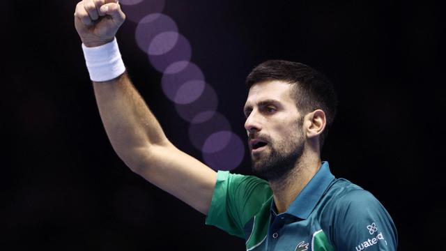 Novak Djokovic levanta el puño tras ganar frente a Alcaraz.