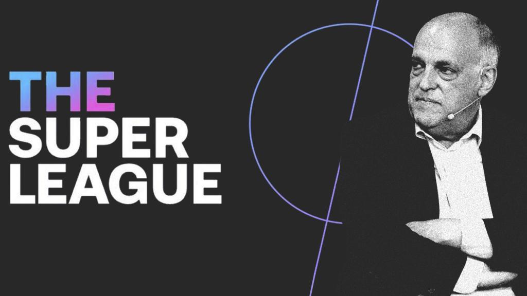 Javier Tebas, en un fotomontaje junto al logotipo de la Superliga