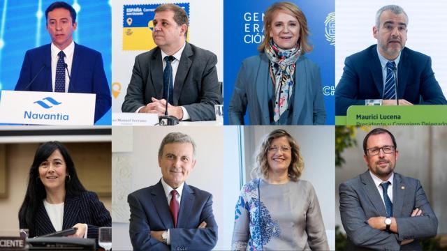 Fila superior, de izquierda a derecha: Ricardo Domínguez (Navantia), Juan Manuel Serrano (Correos), Elena Sánchez (RTVE) y Maurici Lucena (Aena). Fila inferior, de izquierda a derecha: Belén Gualda (SEPI), Pedro Saura (Paradores), María Luisa Domínguez (Adif) y Raül Blanco (Renfe).