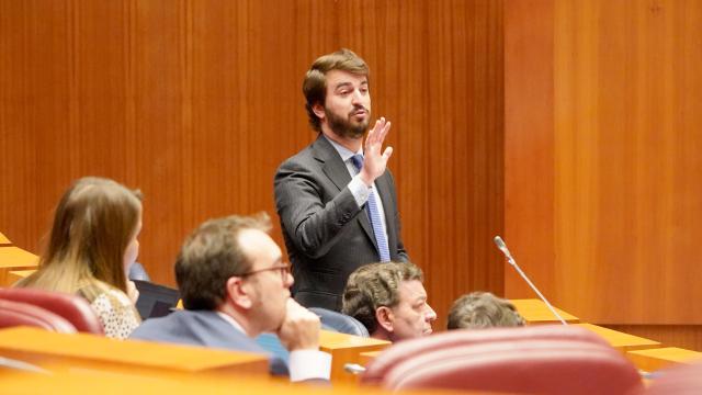 El vicepresidente de la Junta, Juan García-Gallardo, durante su intervención en el pleno de las Cortes de este martes.