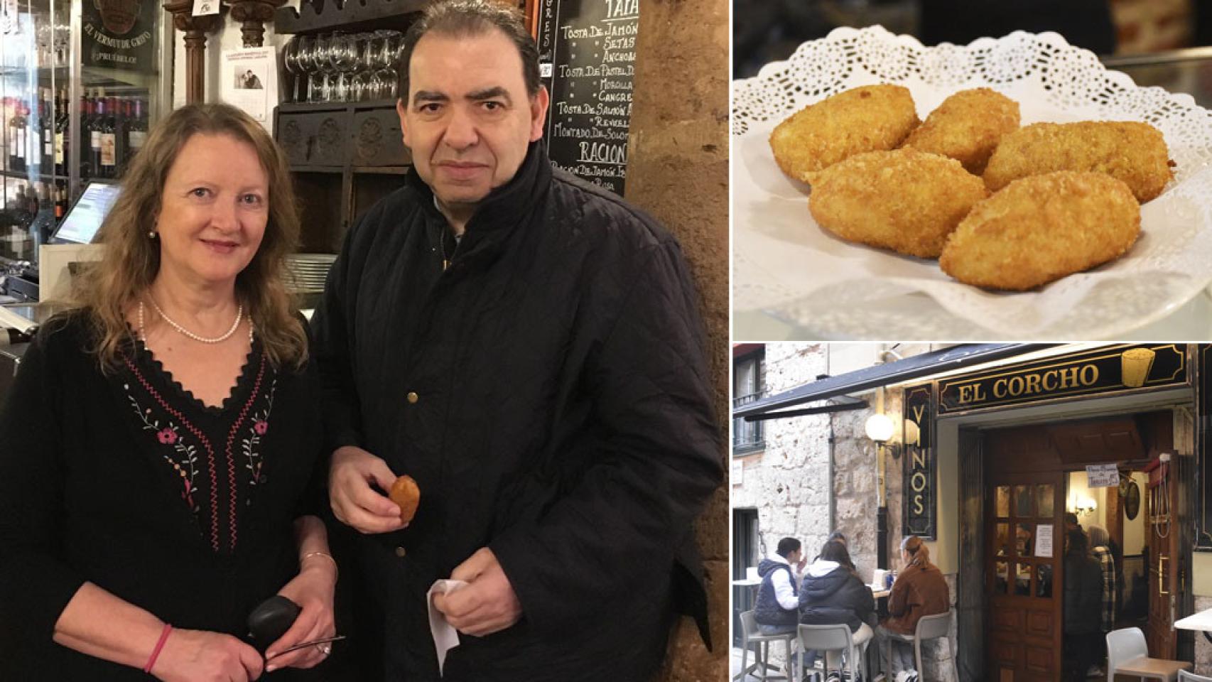 Sara y Chema, a la izquierda. Las croquetas y el Bar El Corcho
