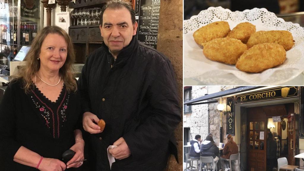 Sara y Chema, a la izquierda. Las croquetas y el Bar El Corcho
