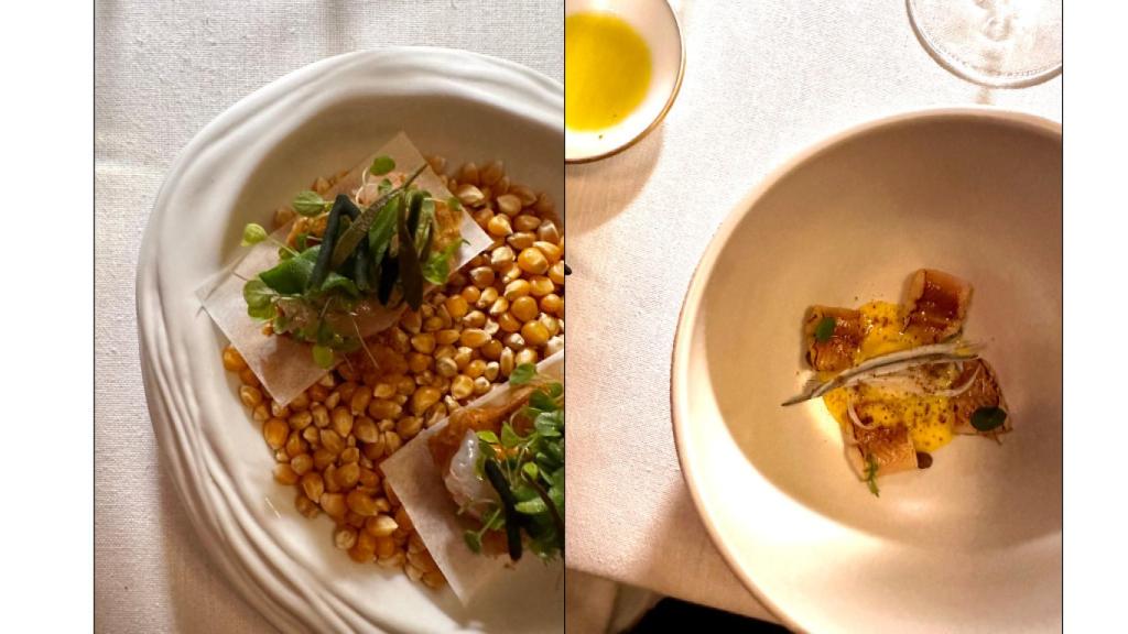 Piel de pollo y gamba de Bardal y angulas 'Benedictine' de Poemas