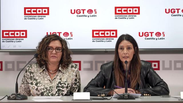 La secretaria de Mujeres, Igualdad y Políticas Sociales de CCOO en Castilla y León, Yolanda Martín, y la secretaria de Políticas Sociales e Igualdad de UGT en Castilla y León, Victoria Zumalacárregui, anunciando iniciativas para el 25-N