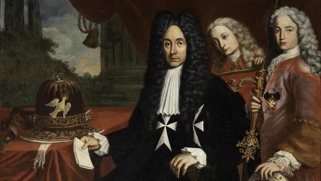 'Retrato del Gran Maestre Antonio Manoel de Vilhena con pajes'. Enrico Regnaud, 1725-1729. Supuestamente, Jorge Juan es el de la derecha.
