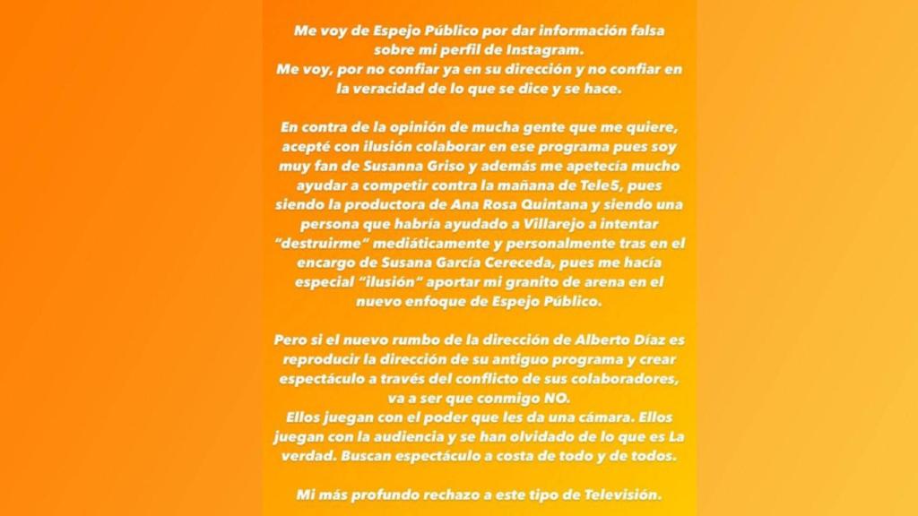 Comunicado de Joaquín Torres en su cuenta de Instagram.