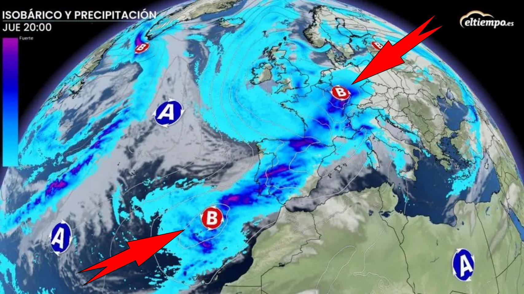 Las masas de aire húmedo que afectarán a España esta semana. ElTiempo.es