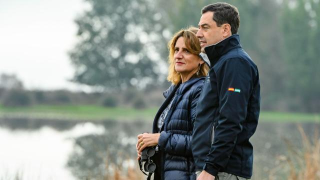 La vicepresidenta del Gobierno y ministra Teresa Ribera y el presidente de la Junta, Juanma Moreno, este lunes en Doñana.