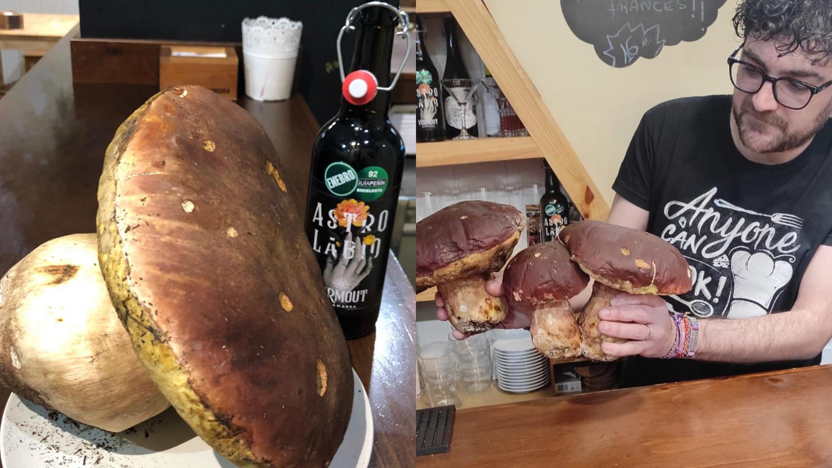 El gran boletus encontrado por Javier Cabrera y el hostelero posando con otros ejemplares