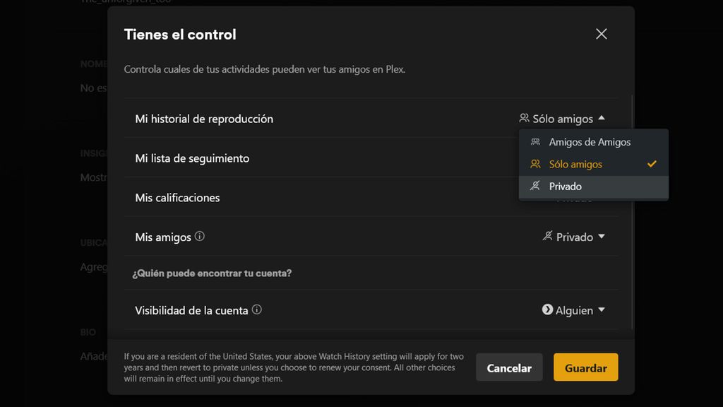 Opción de Plex que hay que cambiar para que la app no publique lo que hemos visto