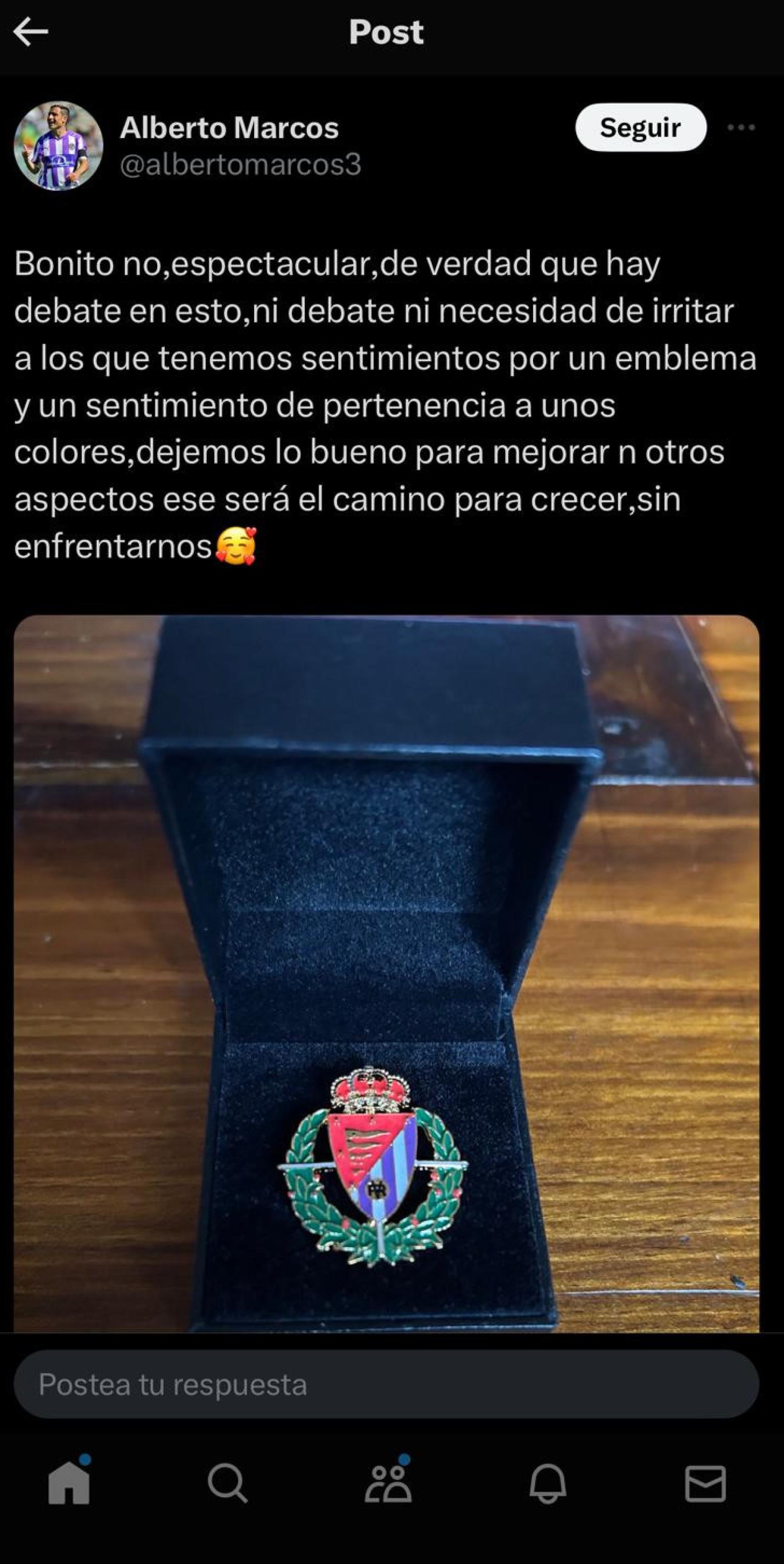 Post de Alberto Marcos apoyando el escudo anterior del Real Valladolid