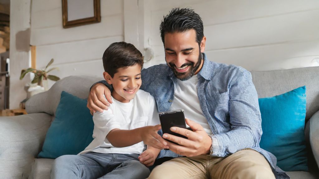 Un padre y un hijo sentados en un sofá mirando el móvil