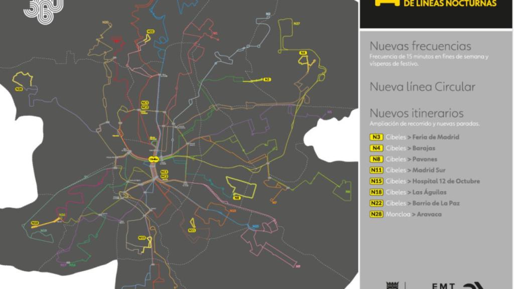 Mapa autobuses nocturnos 'buhos' EMT.