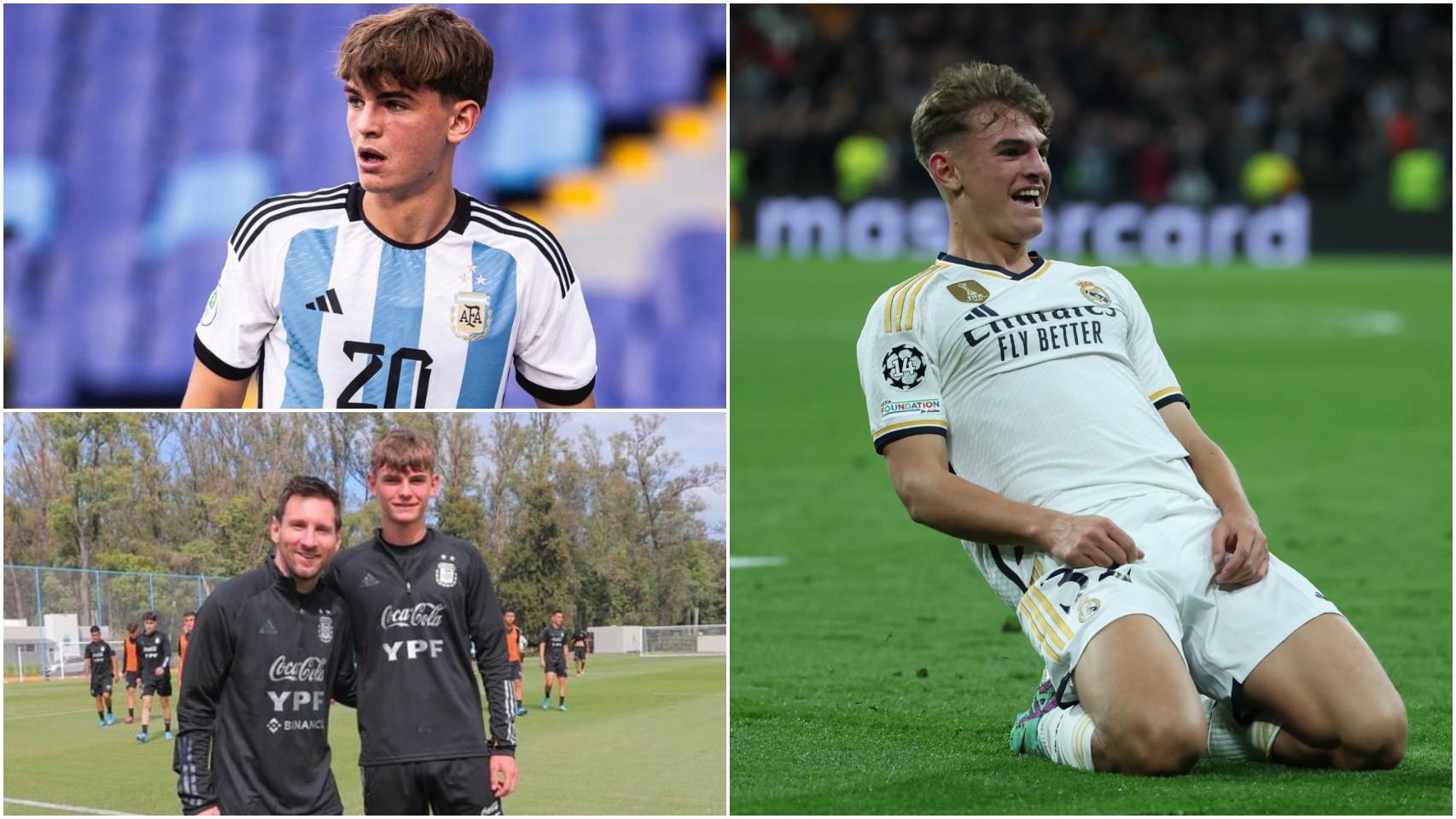 Nico Paz, con Argentina y celebrando su primer gol con el Real Madrid